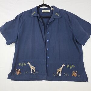 Jane Ashley XL Top Navy Blue 100% Cotton Short Sleeve Embroidered Giraffe Monkey